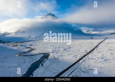 Aerial view covered winter landscape of Glen Coe in Scottish Highlands, Scotland, UK Stock Photo