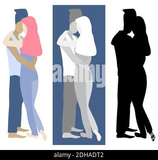 Man and woman hugging. Vector illustrations each other in three color variations. Color Monochrome Silhouette. Isolated on white background Stock Vector