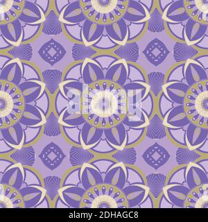 Ethnic tight vector pattern. Purple flowers mandalas. Can be used for design of fabric, covers, wallpapers, tiles. Stock Vector