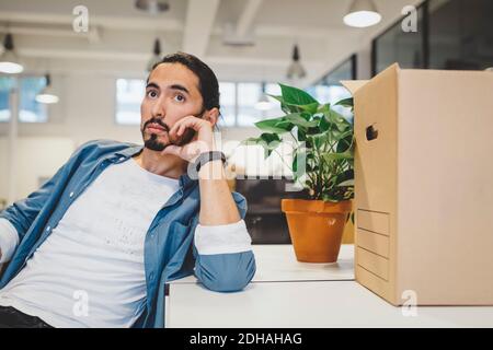 Thoughtful young businessman sitting by cardboard box and potted plant in new office Stock Photo