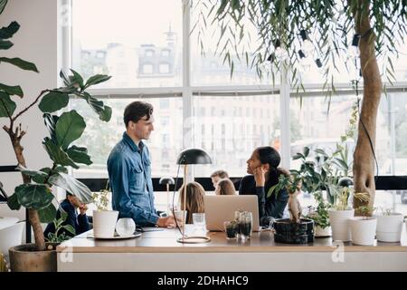 Young business colleagues discussing at desk in creative office Stock Photo
