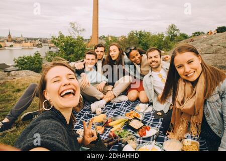 Portrait of male and female friends having fun in picnic during weekend Stock Photo