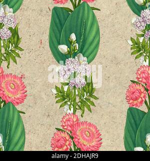 Hand drawn medicinal plant seamless pattern. Healing herbs drawing on craft paper. Floral Illustration of valerian, plantain immortelle and jasmine Stock Photo