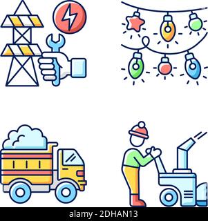 Winter city service RGB color icons set Stock Vector