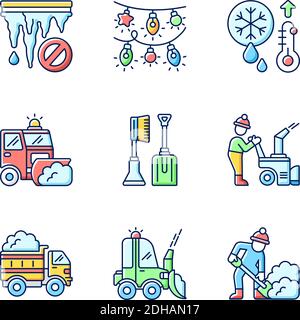 Winter city services RGB color icons set Stock Vector