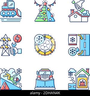 Winter city services RGB color icons set Stock Vector