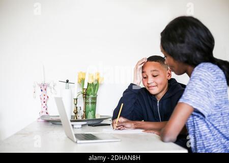 Mother and son doing homework at dining room table Stock Photo - Alamy