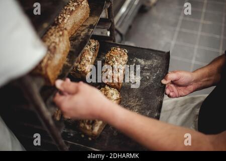 Midsection of baker holding fresh baked breads in tray on cooling rack at bakery Stock Photo