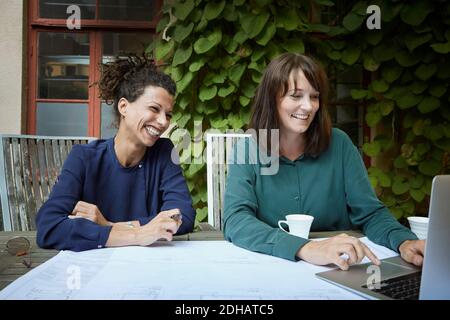 Female architect smiling while looking at laptop in backyard Stock Photo