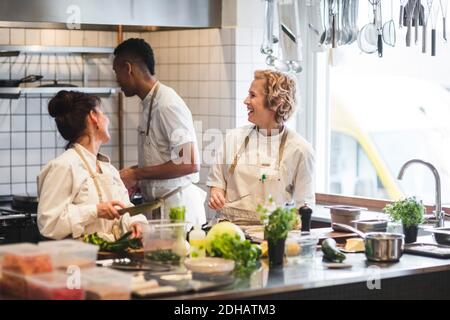 Cheerful multi-ethnic chefs working in kitchen at restaurant Stock Photo