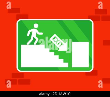 signpost descending the stairs to the exit. evacuation from the building in case of a sound situation. flat vector illustration Stock Vector