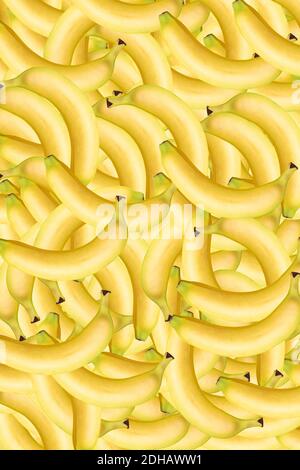 Universal beautiful yellow background from ripe bananas. Abstract banana collage. Concept of healthy food, vegetarianism Stock Photo