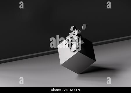 Gray split cube in sketch style, 3d rendering. Computer digital drawing ...
