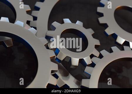 Meshing mechanical gears, metallic parts, 3d rendering. Computer digital drawing. Stock Photo