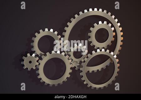 Meshing mechanical gears, metallic parts, 3d rendering. Computer digital drawing. Stock Photo