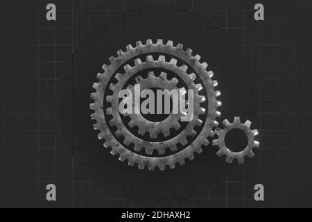 Meshing mechanical gears, metallic parts, 3d rendering. Computer digital drawing. Stock Photo