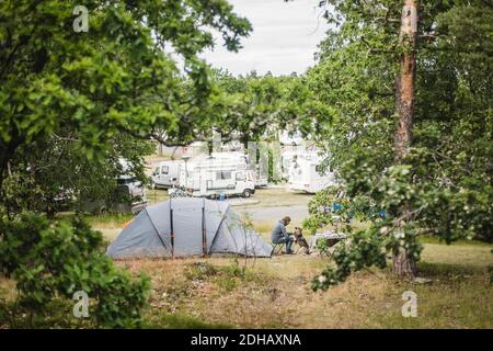 Man playing with dog by tent at camping site Stock Photo