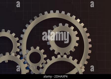 Meshing mechanical gears, metallic parts, 3d rendering. Computer digital drawing. Stock Photo