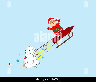 Santa claus is flying on fireworks. Blue isolated background Stock Vector