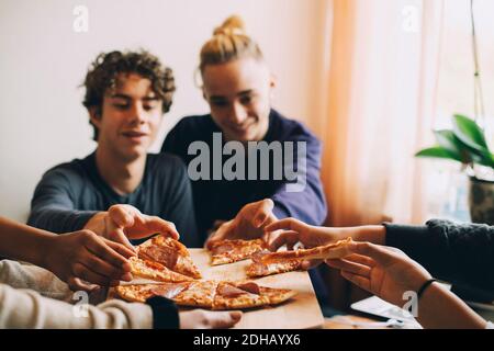 Male and female teenage friends taking slices of pizza from tray at home Stock Photo