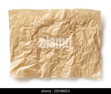 crumpled brown baking paper sheet isolated on white background, top view Stock Photo