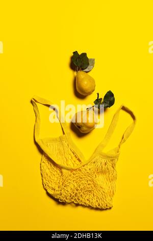 Two quince apples and yellow mesh bag on yellow background. Directly above view. Fruits and leaves have natural imperfections, spots and scratches. Ec Stock Photo