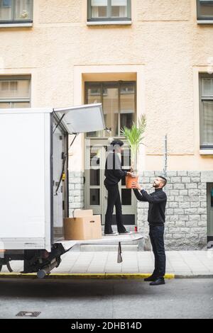 Male and female movers unloading potted plant from truck on street in city Stock Photo