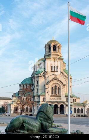 Sofia Bulgaria flag view to Alexander Nevsky Orthodox Cathedral Church and the Bulgarian National Flag in Sofia, Bulgaria, Eastern Europe, Balkans, EU Stock Photo