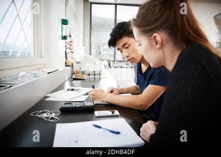 Young multi-ethnic university students studying together in classroom Stock Photo