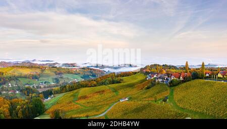 Aerial panorama from Eckberg at Autumn grape hills and foggy Alps in distance. Stock Photo