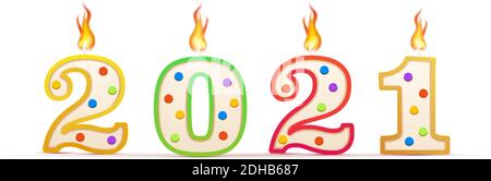 2021 year number shaped birthday candle with fire on white Stock Vector