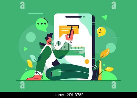 The guy is chatting while sitting on the floor Stock Vector
