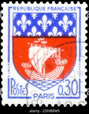 Saint Petersburg, Russia - September 27, 2020: Stamp printed in the France with the image of the Coat of arms of Paris, circa 1965 Stock Photo