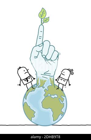 Hand drawn Cartoon people and planet Earth Rising Up a Green Finger Stock Vector