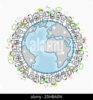 Hand drawn Cartoon Peaceful People all Around the World Stock Vector