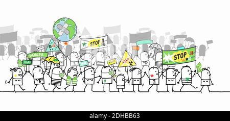 Hand drawn Cartoon Protesting and Walking group of People - Ecological Stock Vector