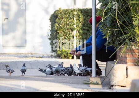 Sant Pol de Mar, Spain, 10th of december 2020, sitting man feeding group of pigeons in city park Stock Photo