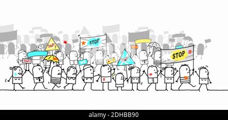 Hand drawn Cartoon Protesting and Walking group of People Stock Vector