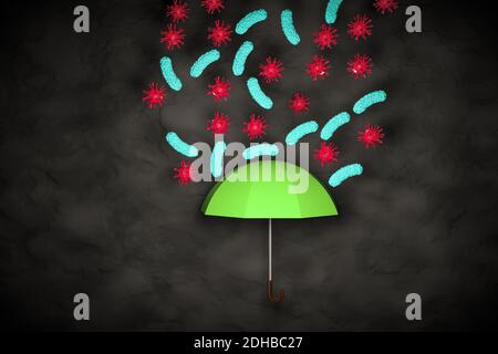 umbrella as a shield protection from bacteria microorganism virus and not let infection pass in. Health care or protection. 3d illustration Stock Photo