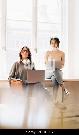 Portrait of female computer programmers with laptops sitting at desk in office Stock Photo