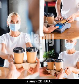 collage of woman in medical mask taking coffee to go from barista, and paying with credit card through terminal Stock Photo
