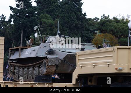 Captured Armenian military vehicles are shown on the streets of Baku - Azerbaijan: 10 December 2020. Victory Parade Stock Photo