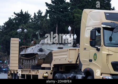 Captured Armenian military vehicles are shown on the streets of Baku - Azerbaijan: 10 December 2020. Victory Parade Stock Photo