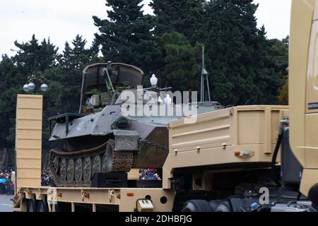 Captured Armenian military vehicles are shown on the streets of Baku - Azerbaijan: 10 December 2020. Victory Parade Stock Photo