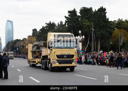 Captured Armenian military vehicles are shown on the streets of Baku - Azerbaijan: 10 December 2020. Victory Parade Stock Photo