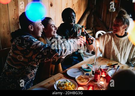 High angle view of happy male and friends toasting beer bottles in log cabin Stock Photo