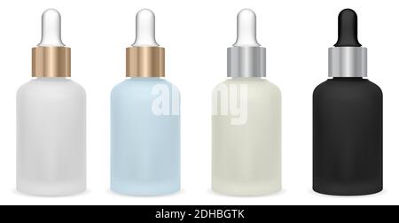 Oil bottle with dropper. Cosmetic serum glass bottle with eye drop isolated on white. Clear glass dropper bottles set for essential aroma. Facial coll Stock Vector