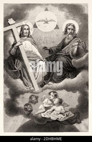 The Holy Trinity above the clouds. God as an old man, Christ with the cross and the Holy Spirit on them in the form of a dove. Holy Trinity in which God the Father and Christ are represented as persons. Old XIX century engraving illustration. Old 1852 Epithalamion. Collection of exercises prayers and trades Stock Photo