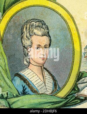 Old color lithography portrait of Anne-Louise-Germaine Necker, Baroness of Staël-Holstein (Paris 1766-1817) known as Madame de Staël. Genevan and French novelist, letter writer and philosopher. Author and political propagandist. France. Les Français Illustres by Gustave Demoulin 1897 Stock Photo