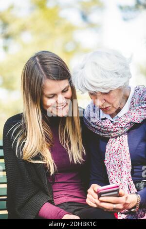 Senior woman showing mobile phone to granddaughter while sitting on bench outdoors Stock Photo